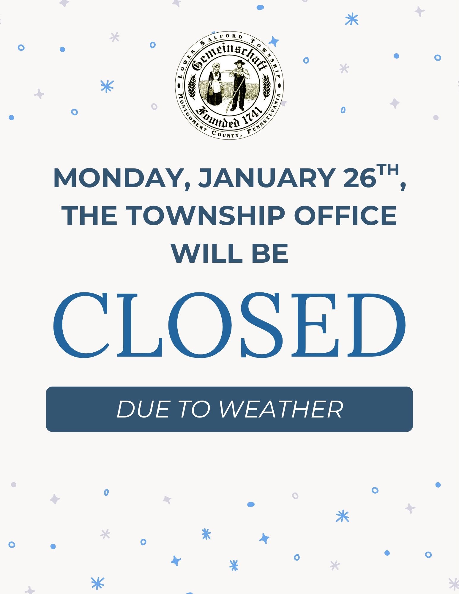 Township Administrative Office Closed 1/26